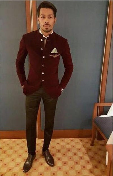 Madhu Couture Designer Marron Velvet Coat Bandhgala Jodhpuri Self Design Work Party Wear Wedding Suit for Men.