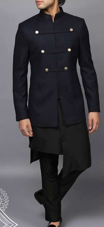 Madhu Couture Stylish Ethnic Traditional Partywear Black Indowestern With Kurta Pajama For Men.
