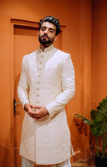 Madhu Couture Groom White Sherwani Indian Stylish Ethnic Traditional Partywear Marriage Wedding Sherwani Groom Outfit For Men.