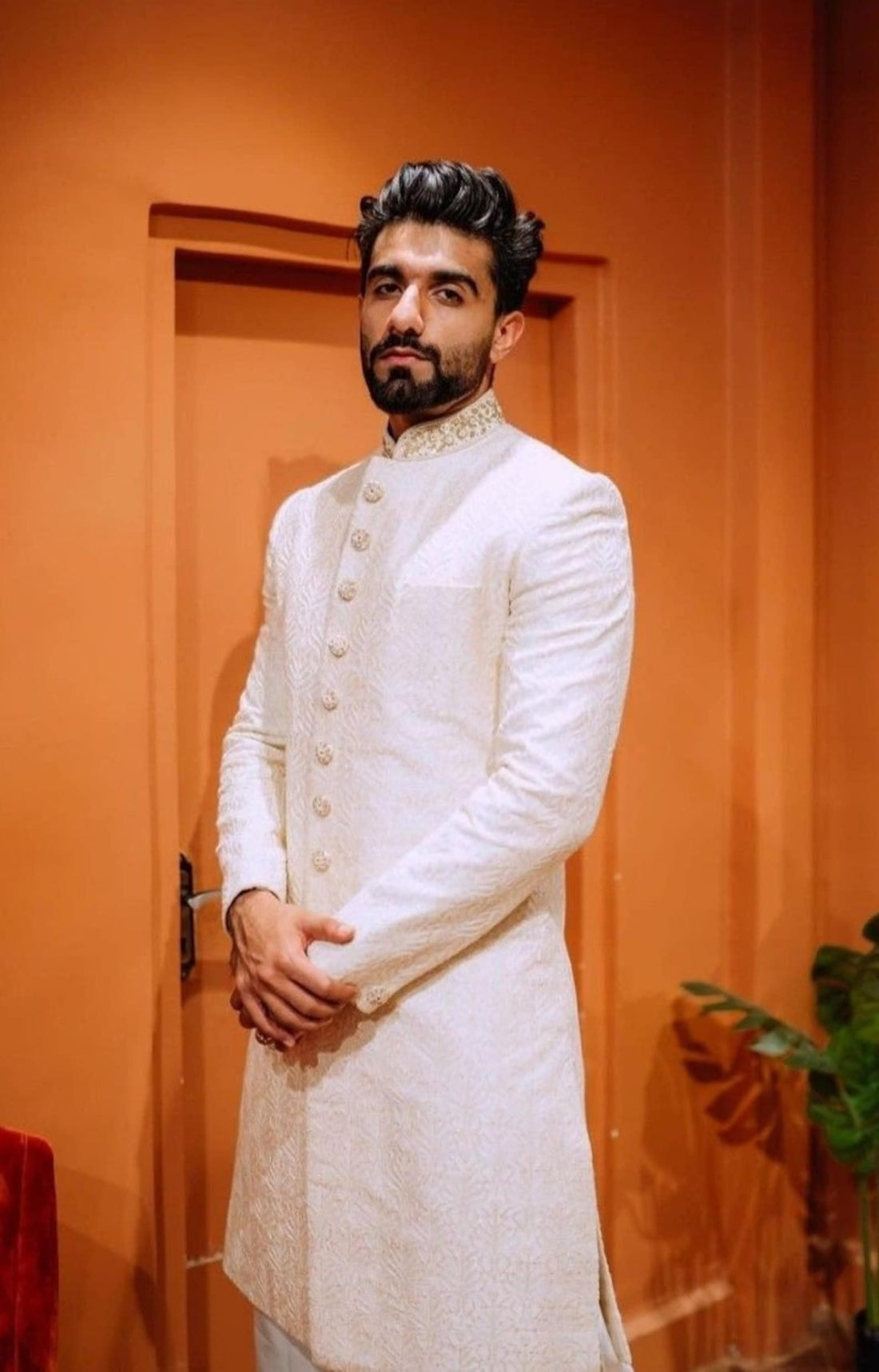 Madhu Couture Groom White Sherwani Indian Stylish Ethnic Traditional Partywear Marriage Wedding Sherwani Groom Outfit For Men.