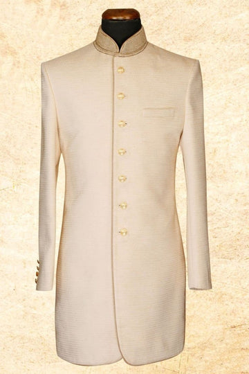 Madhu Couture White Indo Indian Stylish Ethnic Traditional Partywear Marriage Wedding Sherwani Groom Outfit For Men.