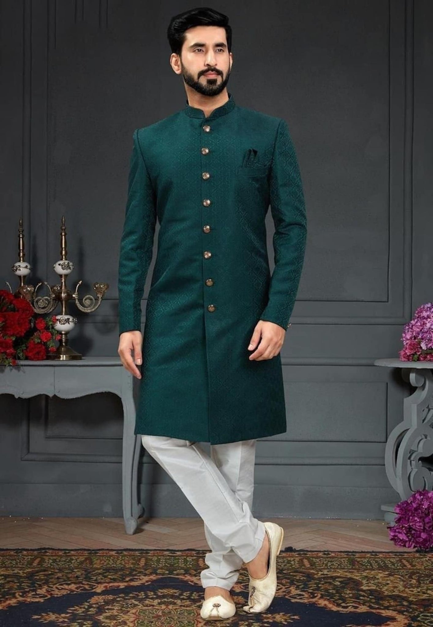 Madhu Couture Green Indian Stylish Ethnic Traditional Partywear Marriage Wedding Sherwani Groom Outfit For Men.