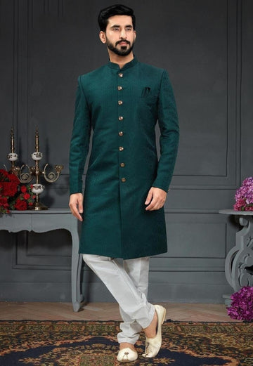 Madhu Couture Green Indian Stylish Ethnic Traditional Partywear Marriage Wedding Sherwani Groom Outfit For Men.