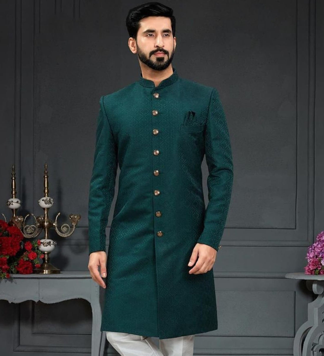 Madhu Couture Green Indian Stylish Ethnic Traditional Partywear Marriage Wedding Sherwani Groom Outfit For Men.