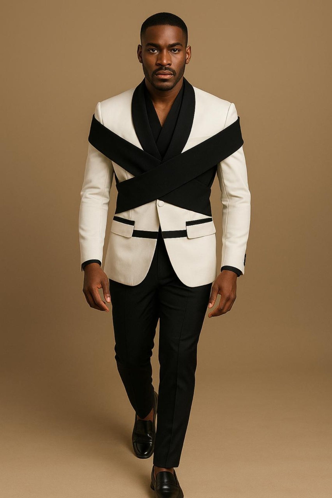 Designer White Shoulder Overlap Coat Pant Formal Fashion Wedding 2 Piece Groom Party Wear Coat Pant Suit For Men.