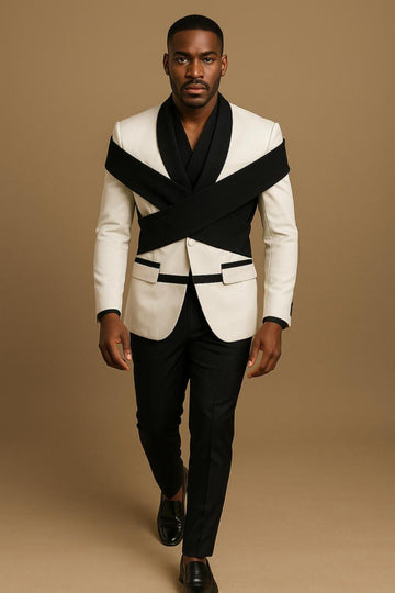 Designer White Shoulder Overlap Coat Pant Formal Fashion Wedding 2 Piece Groom Party Wear Coat Pant Suit For Men.