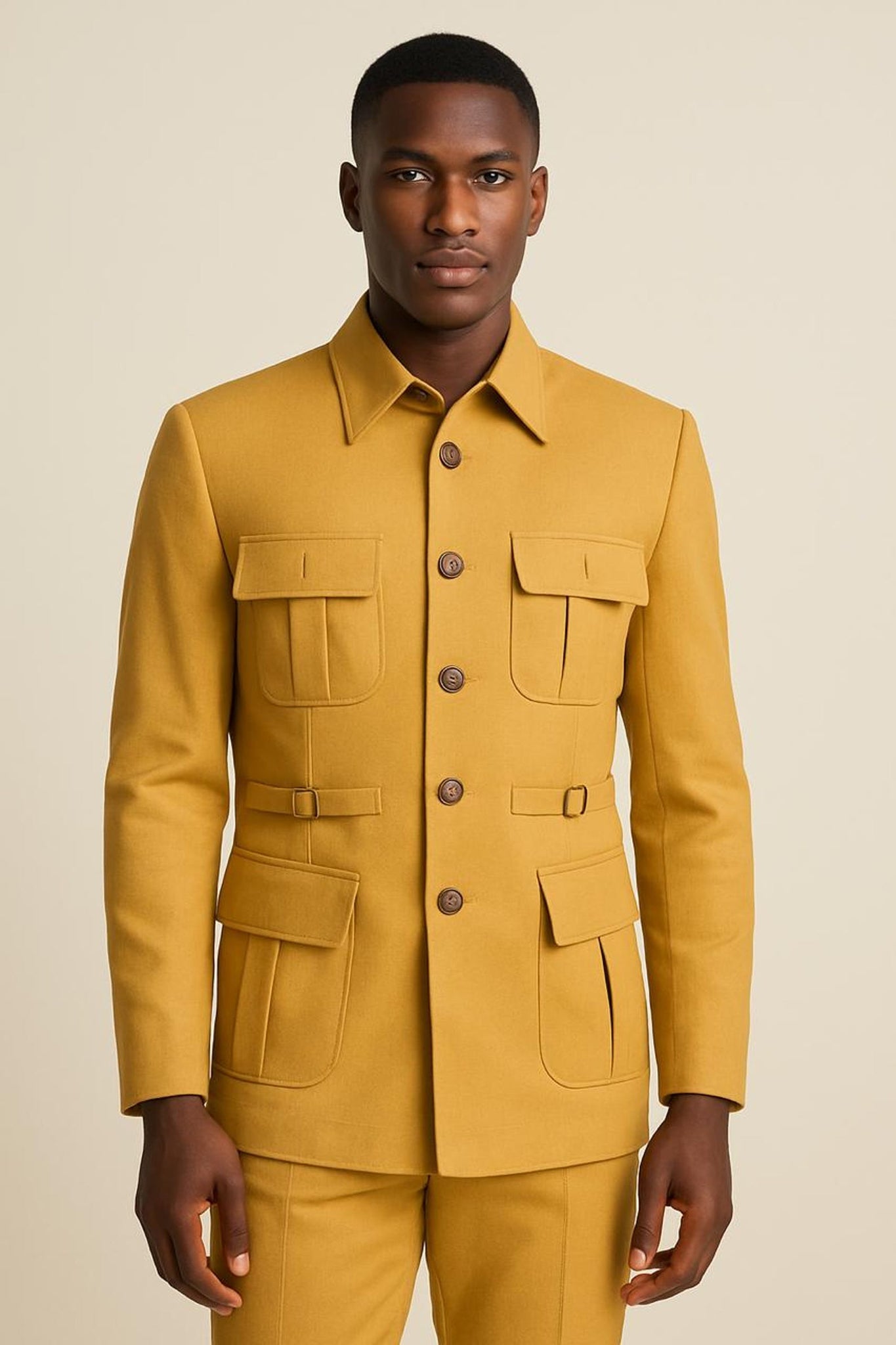 Yellow Hunting Style Safari Suit Coat Pants for Men