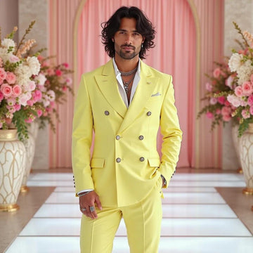Double-breasted Yellow Wedding Men's Slim Fit Coat Pant Tuxedo Jacket Suit for Groomsman Gifts Dinner Prom Party Wear Beach Wear Suit