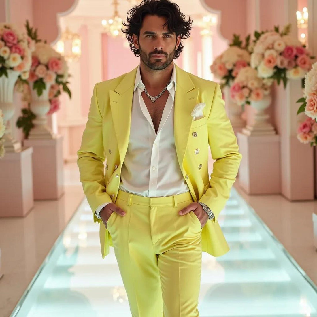 Double-breasted Yellow Wedding Men's Slim Fit Coat Pant Tuxedo Jacket Suit for Groomsman Gifts Dinner Prom Party Wear Beach Wear Suit