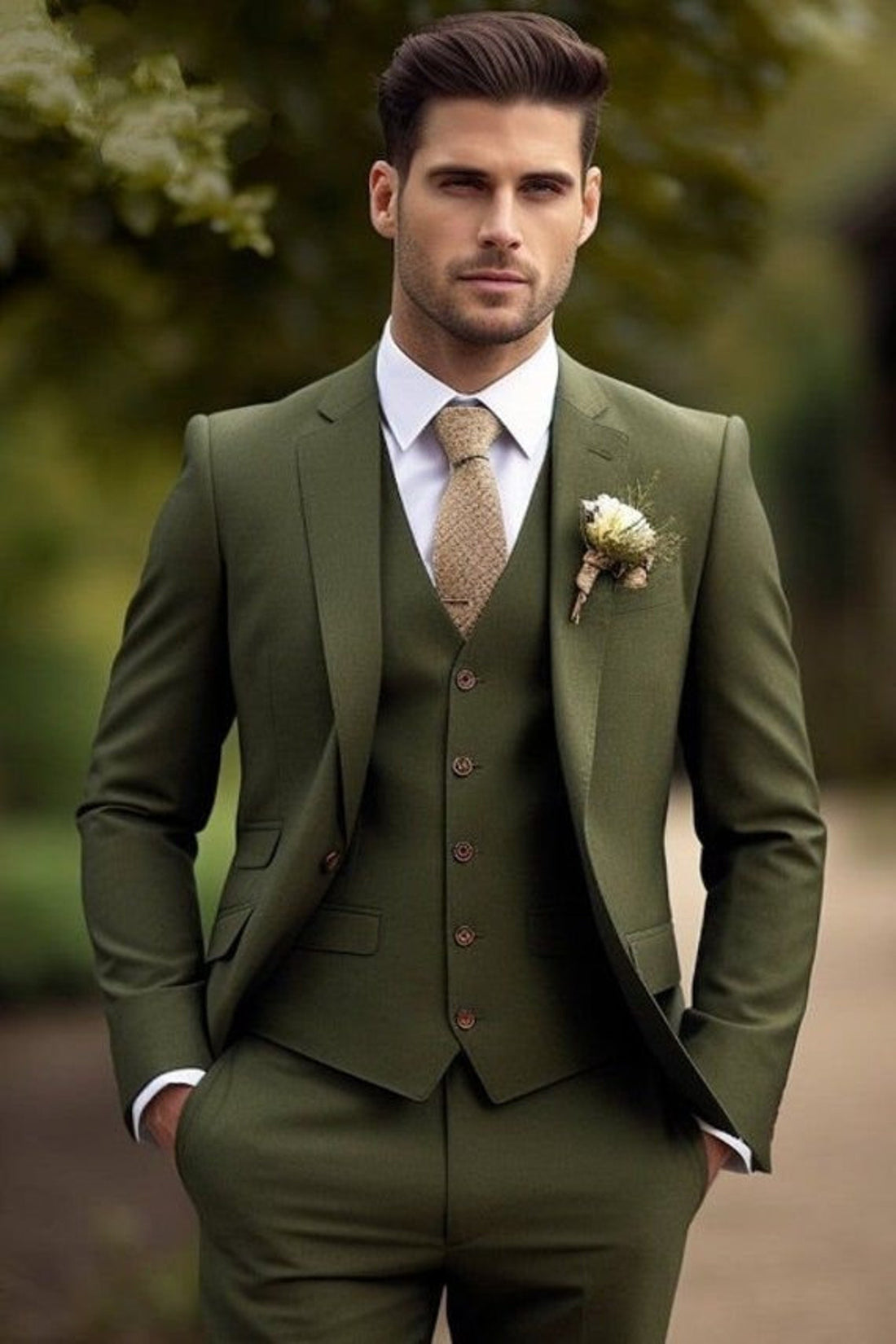 Man Suit- Wedding and Party Wear Suit- Men's Khaki Green 3 Piece Suit -Slim fit Suit- Stylish Formal Attire for Any Occasion