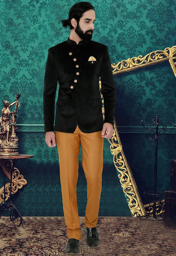 Madhu Couture Designer Black Velvet Coat Bandhgala Jodhpuri Self Design Work Party Wear Wedding Suit for Men.