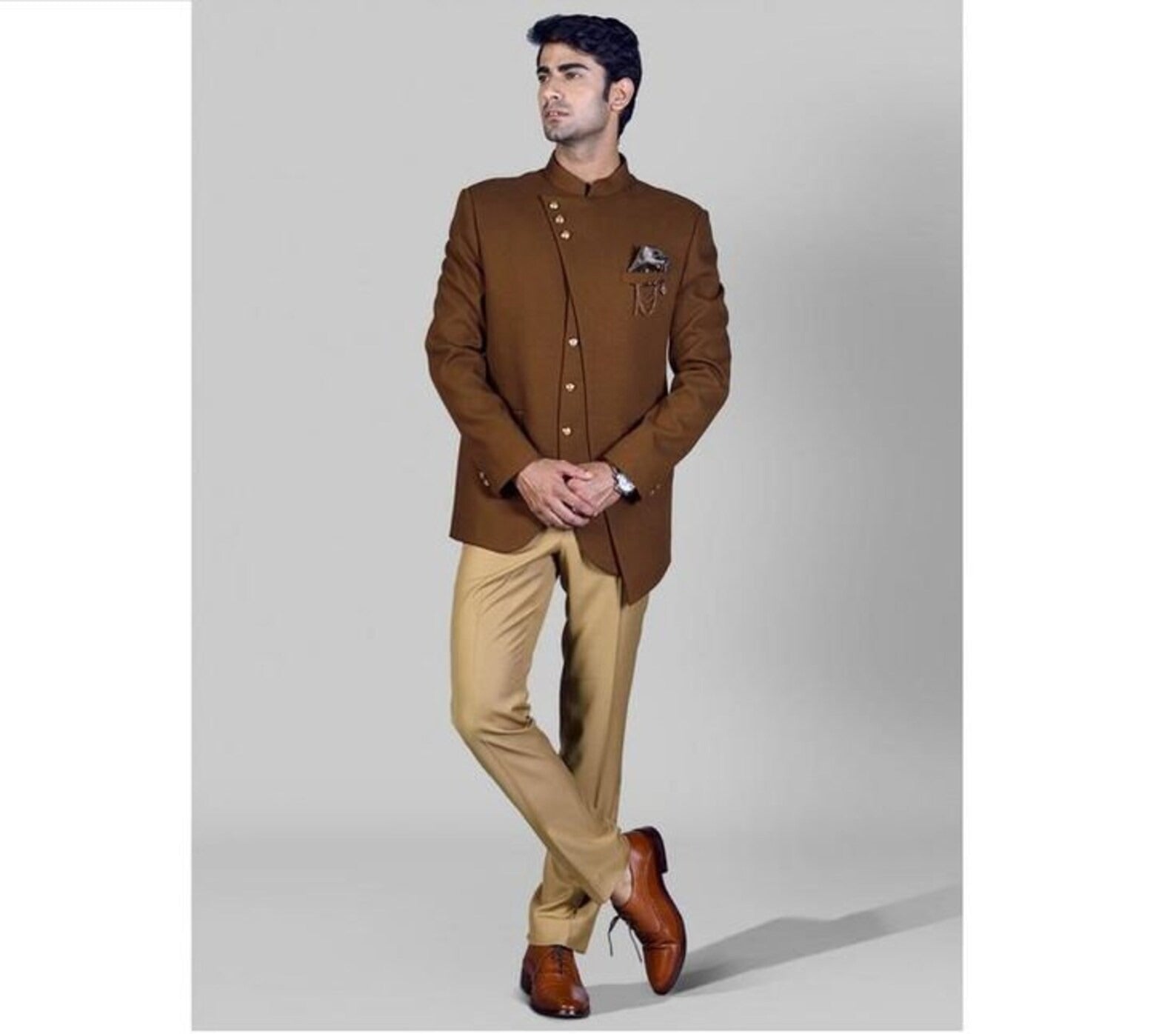 Madhu Couture Indian Brown Bandh Gala Jacket Stylish Ethnic Partywear Designer Jodhpuri Suit For Men coat pant suit.