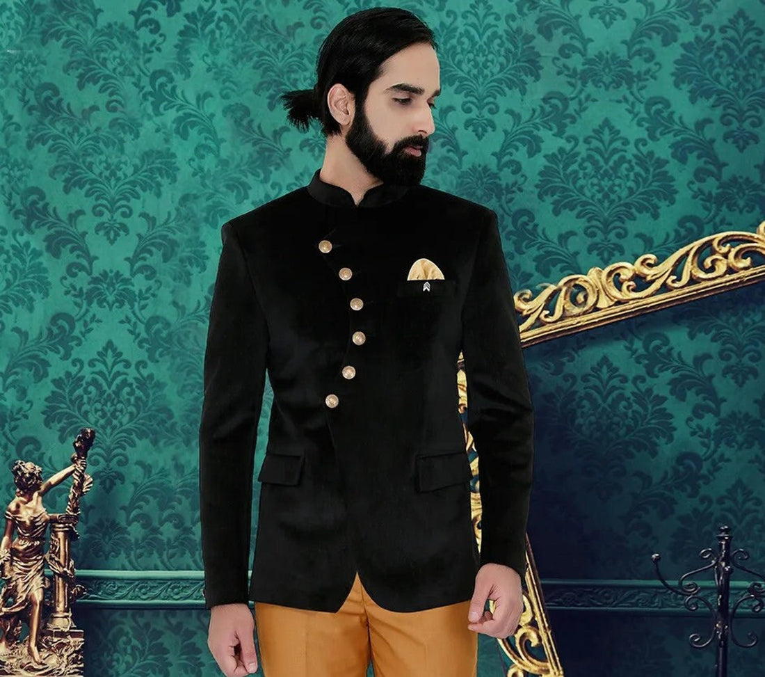 Madhu Couture Designer Black Velvet Coat Bandhgala Jodhpuri Self Design Work Party Wear Wedding Suit for Men.