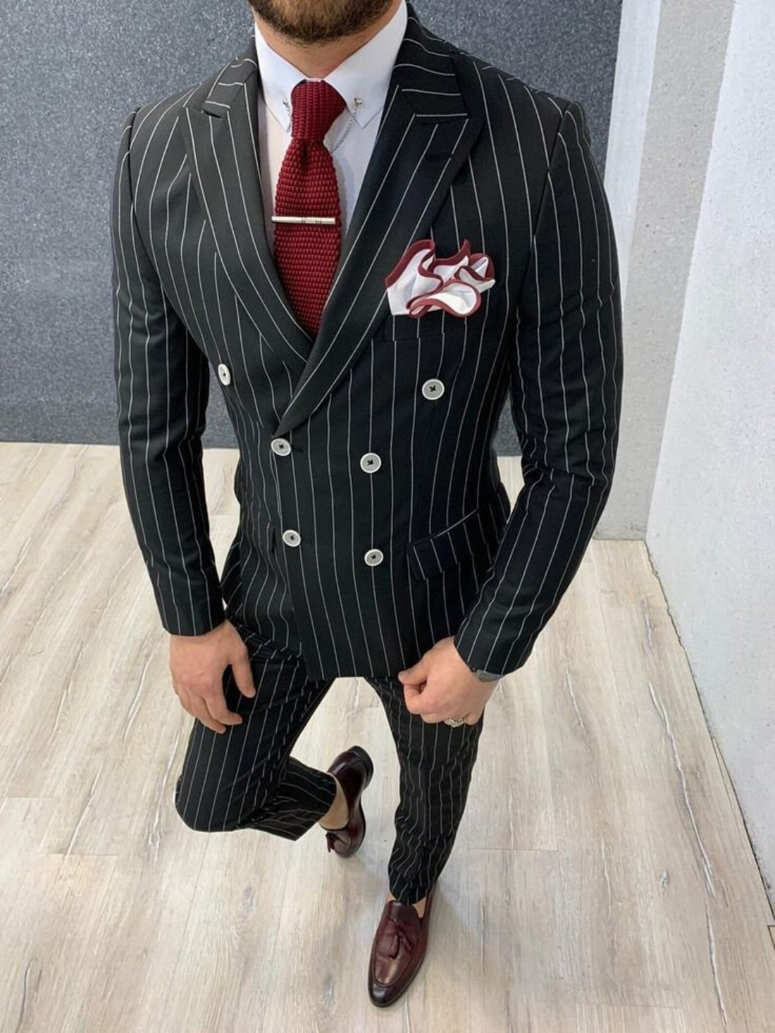 Madhu Couture Black Stripe Suits Coat Pant Designer Formal Fashion Wedding 2 Piece Groom Party Wear Coat Pant Suit For Men.