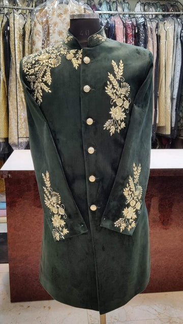 Madhu Couture Indian Ethnic Bottle Green Royal Designer Wear Embroidered Sherwani For Groom.