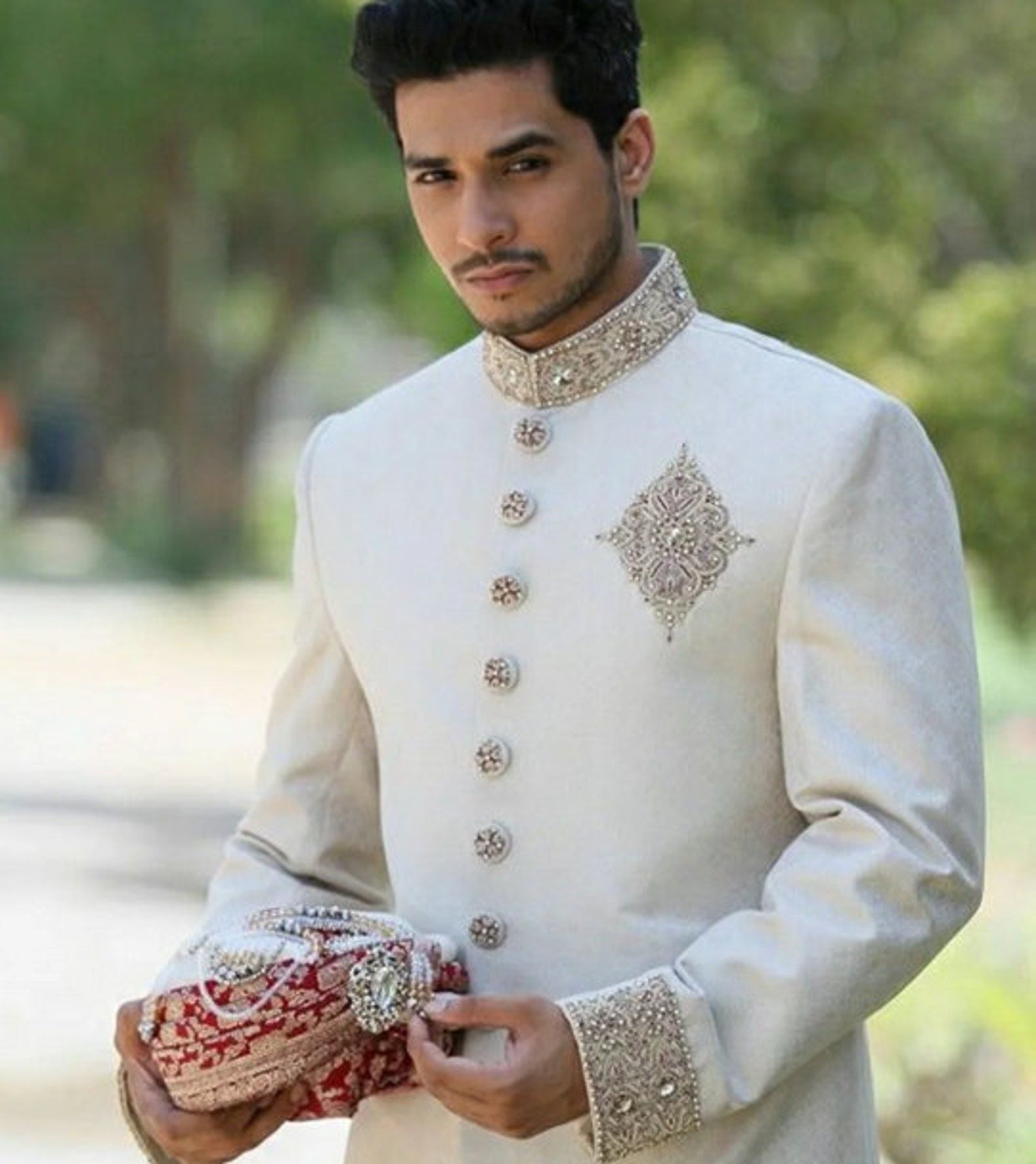 Madhu Couture Groom White Wedding Sherwani Indian Stylish Ethnic Traditional Partywear Marriage Indian Sherwani Groom Outfit For Men.