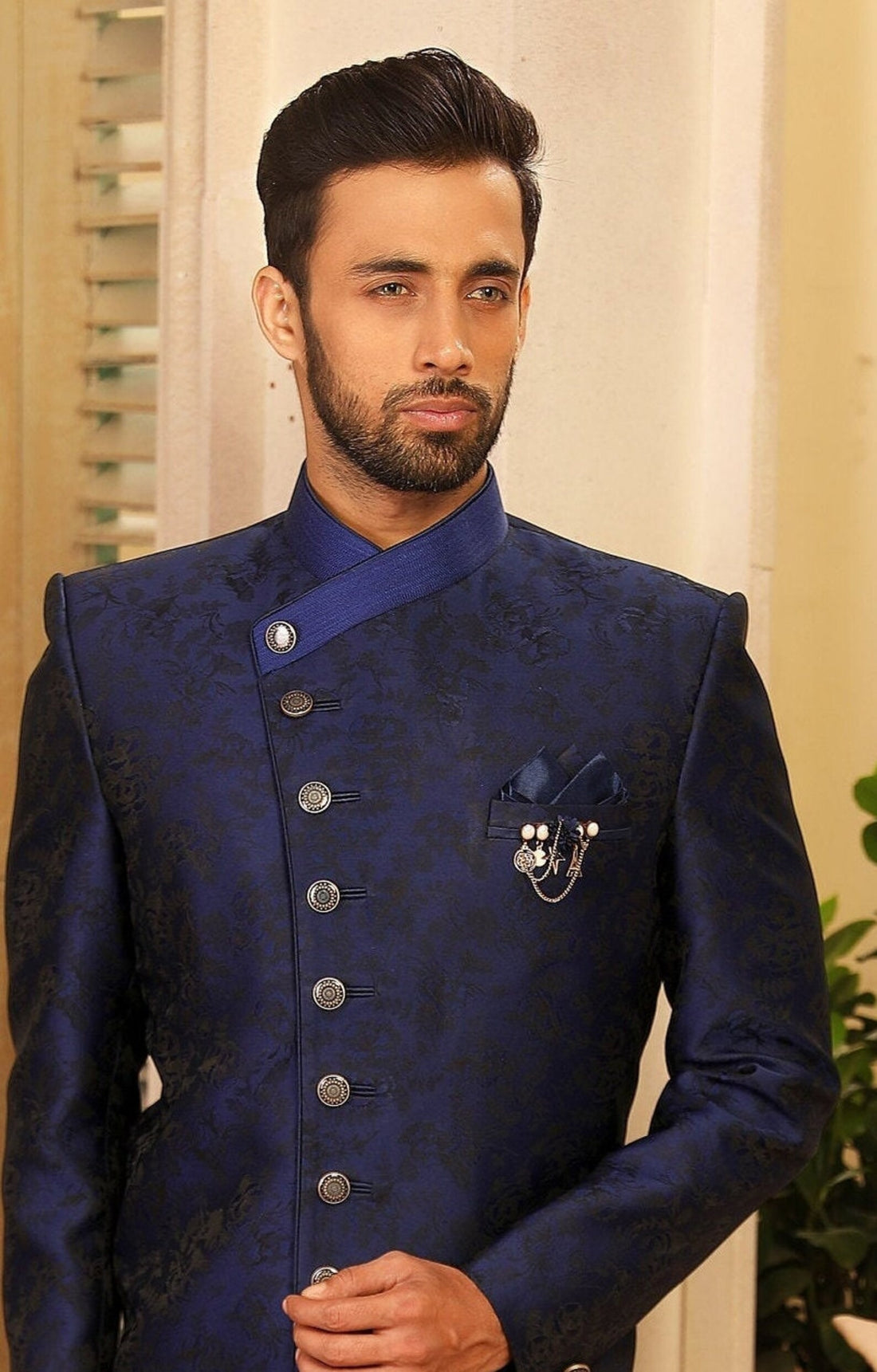 Madhu Couture Indian Stylish Ethnic Designer Partywear Traditional Navy Blue Indo Western Dress For Men.