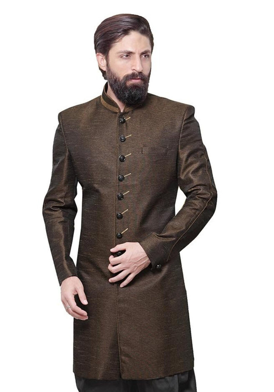 Sherwaniforme Indian Stylish Ethnic Designer Partywear Banarasi Silk Indo Western Dress Sherwani For Men.