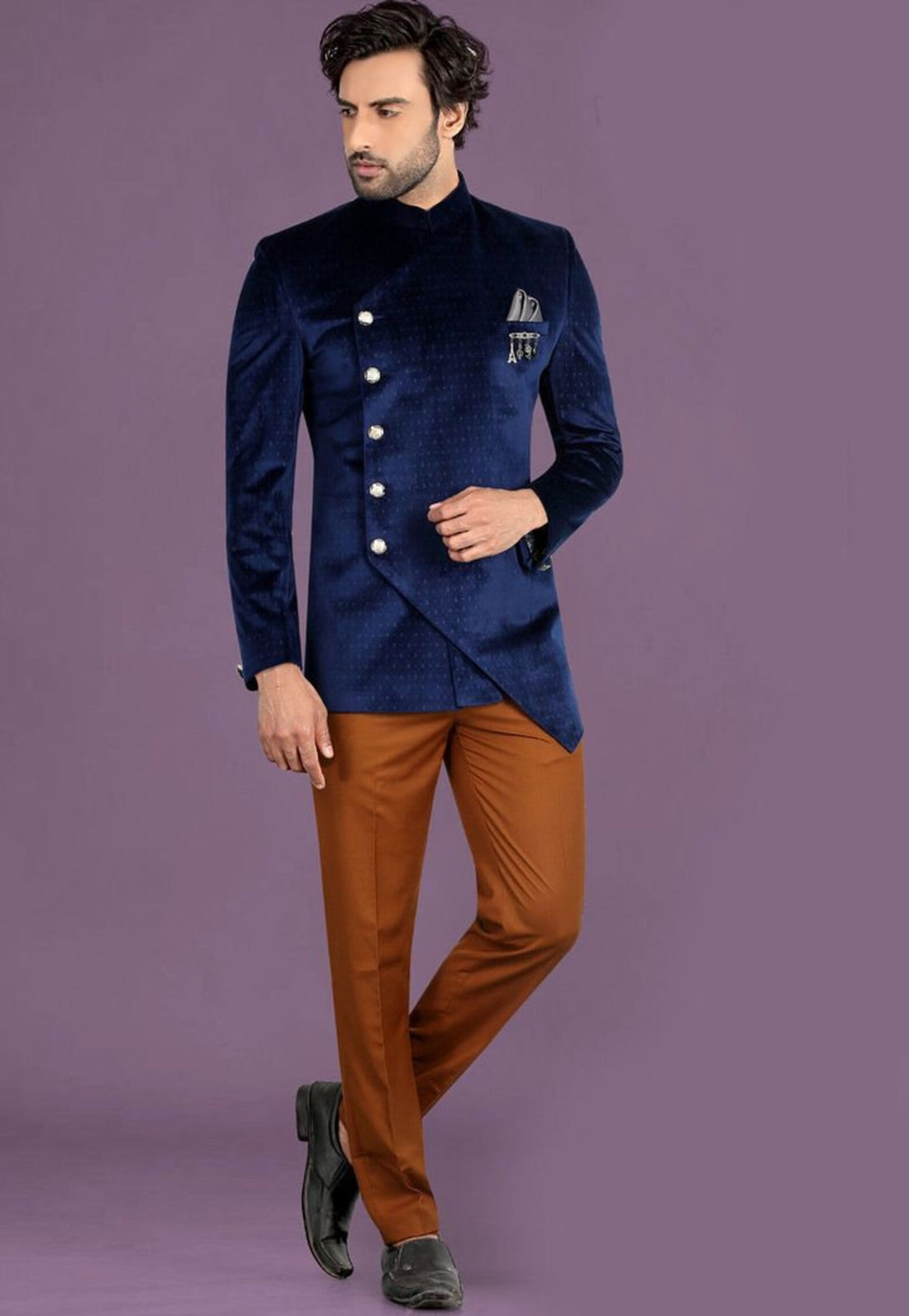 Madhu Couture Indian Stylish Ethnic Partywear Designer Navy Blue Color Jodhpuri Suit For Men