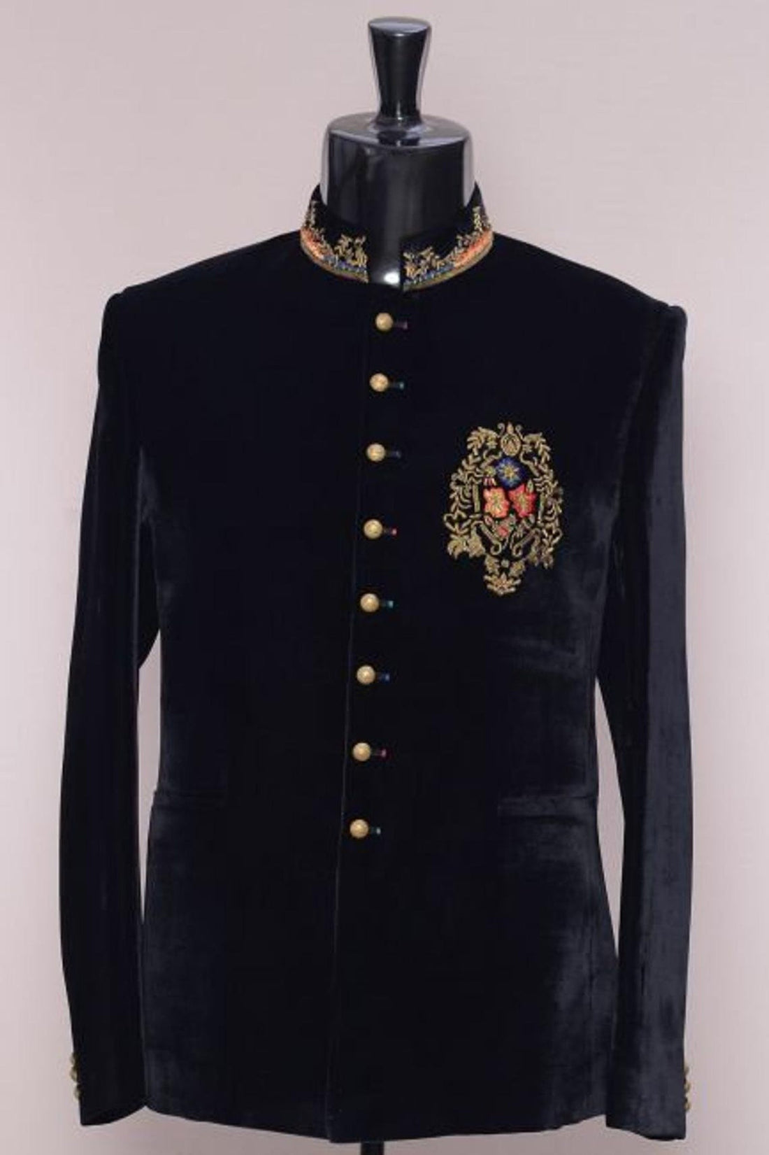 Madhu Couture Indian Designer Partywear Ethnic Black Valvet Bandhgala Jodhpuri Suit With Black Pant For Men.