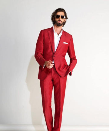 Madhu Couture Red New Stylish Designer Formal Fashion Wedding Party Wear Royal Groom OutFits Coat Pant Suit For Men.