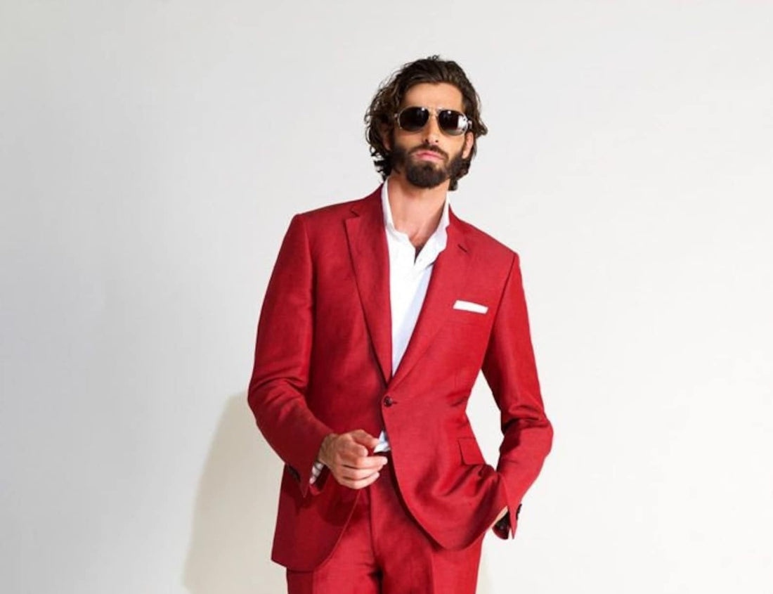 Madhu Couture Red New Stylish Designer Formal Fashion Wedding Party Wear Royal Groom OutFits Coat Pant Suit For Men.