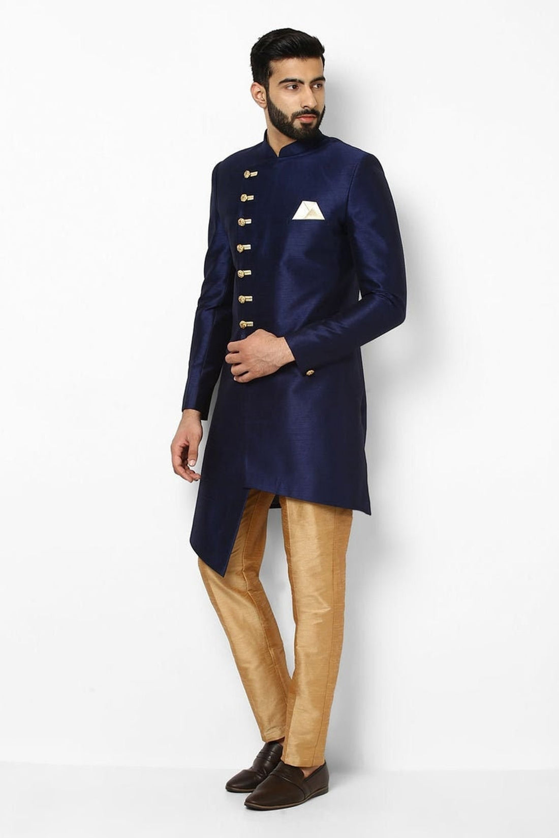 Madhu Couture Indian Wedding Designer Indowestern Navy Blue Banarasi silk Achkan Sherwani for man.
