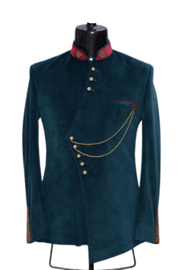 Madhu Couture Indian Designer Partywear Ethnic Teal Blue Valvet Bandhgala Jodhpuri Suit With Black