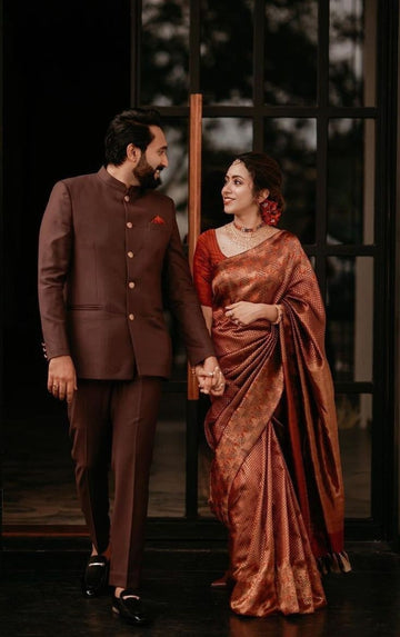 Madhu Couture Indian Stylish Ethnic Partywear Designer Brown Color Jodhpuri Suit For Men.