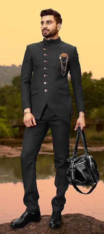 Madhu Couture Indian Stylish Ethnic Designer Partywear Black Bandhgala Jodhpuri Suit For Men.