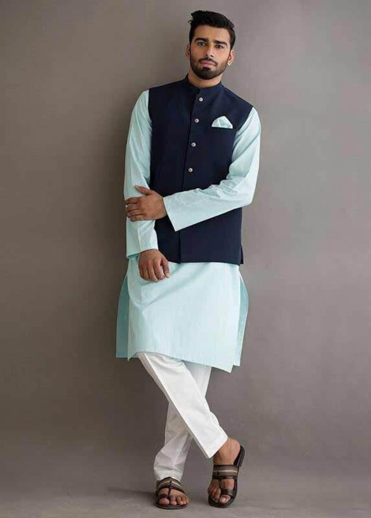 Madhu Couture Indian Blue Waist Coat Stylish Designer Partywear Traditional Set of Kurta, Pajma and Waist coat For Men