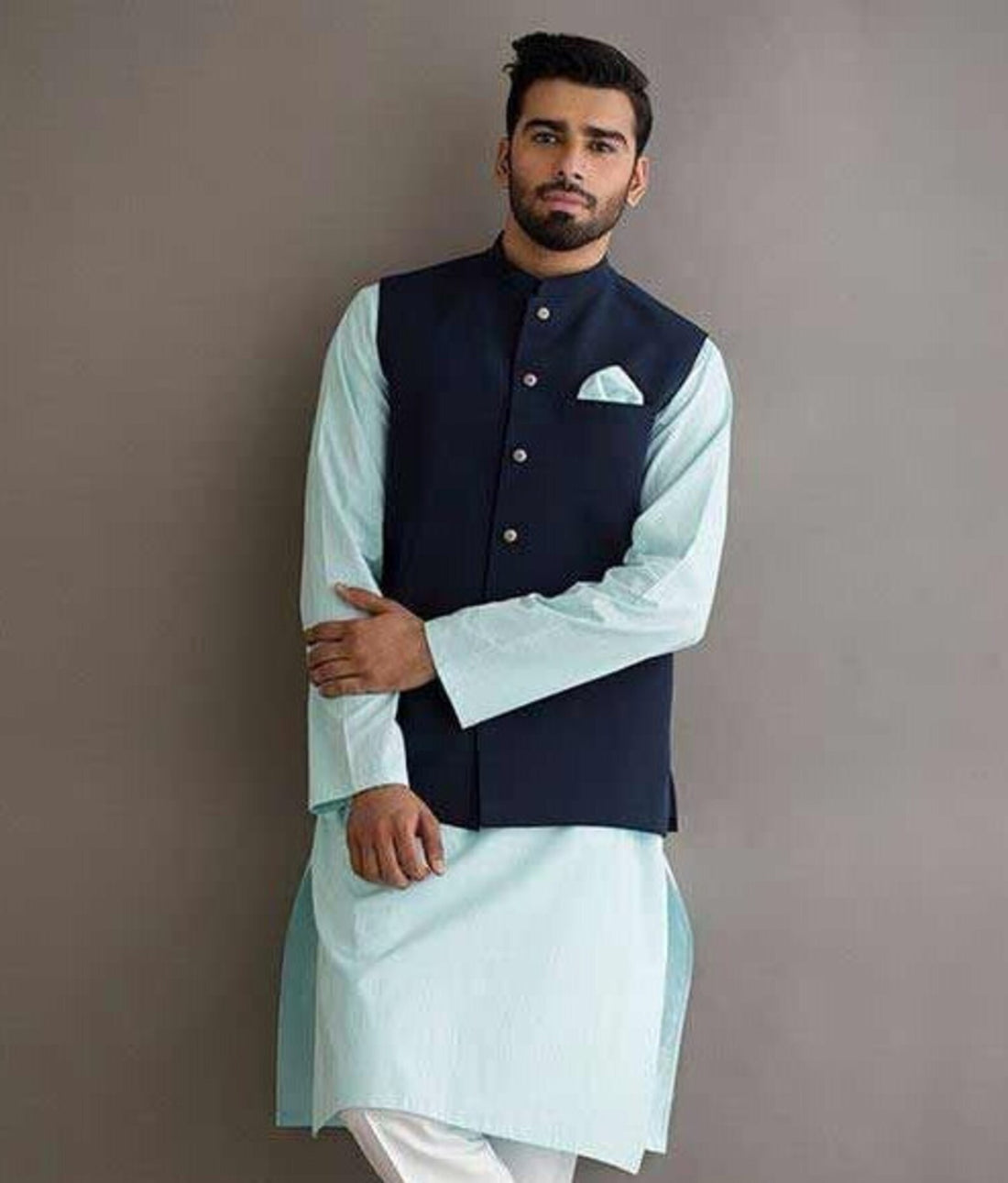 Madhu Couture Indian Blue Waist Coat Stylish Designer Partywear Traditional Set of Kurta, Pajma and Waist coat For Men
