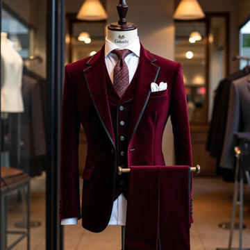 Designer Trendy Maroon Velvet Groomsman Men's Slim Tuxedo Suit 3pc Gifts & Dinner Party Wear Stylish Prom Outfit Gift For Him