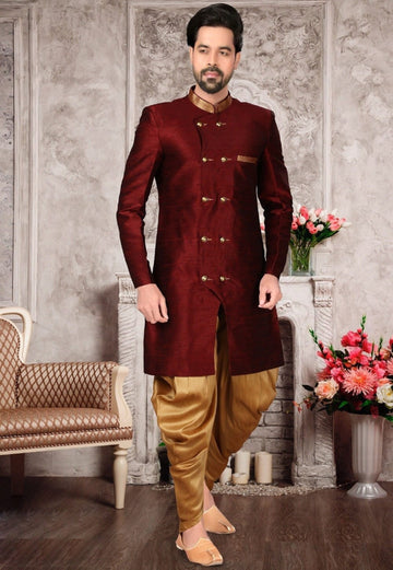 Sherewaniformen Indian solid Designer Maroon Color Banarasi Partywear Traditional Sherwani Outfit For Groom.