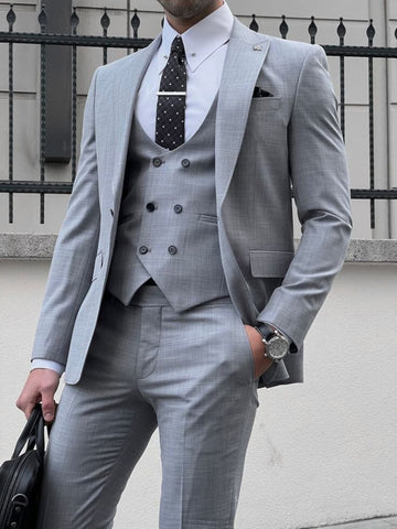 Madhu Couture Grey Designer Formal Fashion Wedding 3 Piece Groom Party Wear Coat Vest Pant Suit For Men.