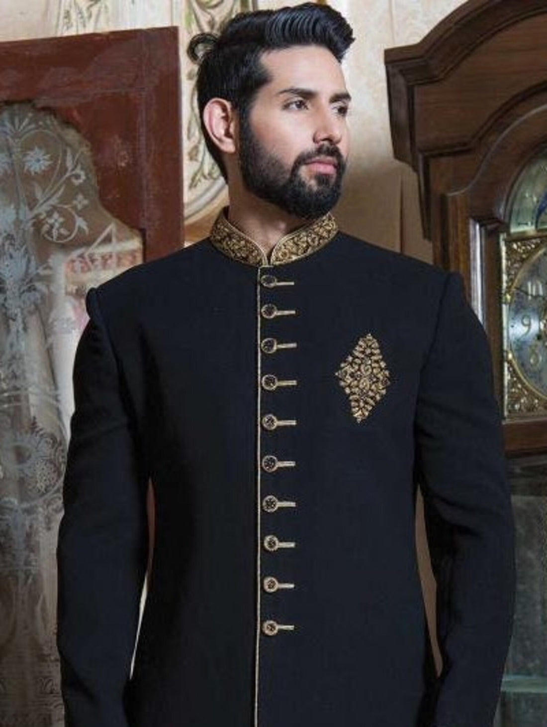Madhu Couture Indian Designer Ethnic Wear Ceremony Traditional Wedding Black Embrodiery work Ethnic outfits For Men.