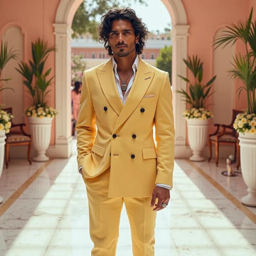 Double-breasted Yellow Suit for Wedding Men's Slim Fit Coat Pant for Groomsman Gifts & Dinner Party Wear Prom Beach Wear Suit