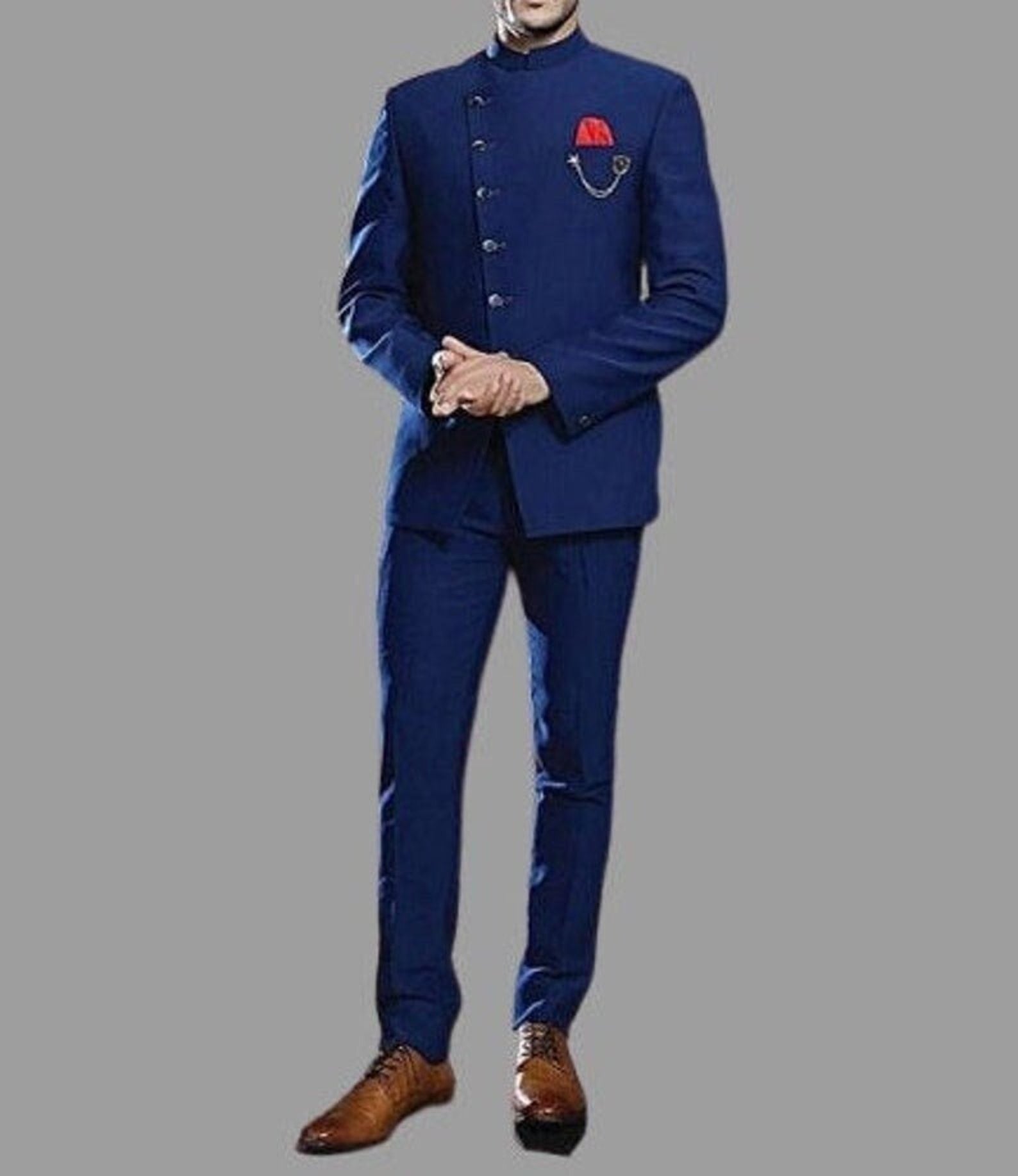 Madhu Couture Indian Designer Partywear Ethnic Blue Bandhgala Jodhpuri Suit For Men.