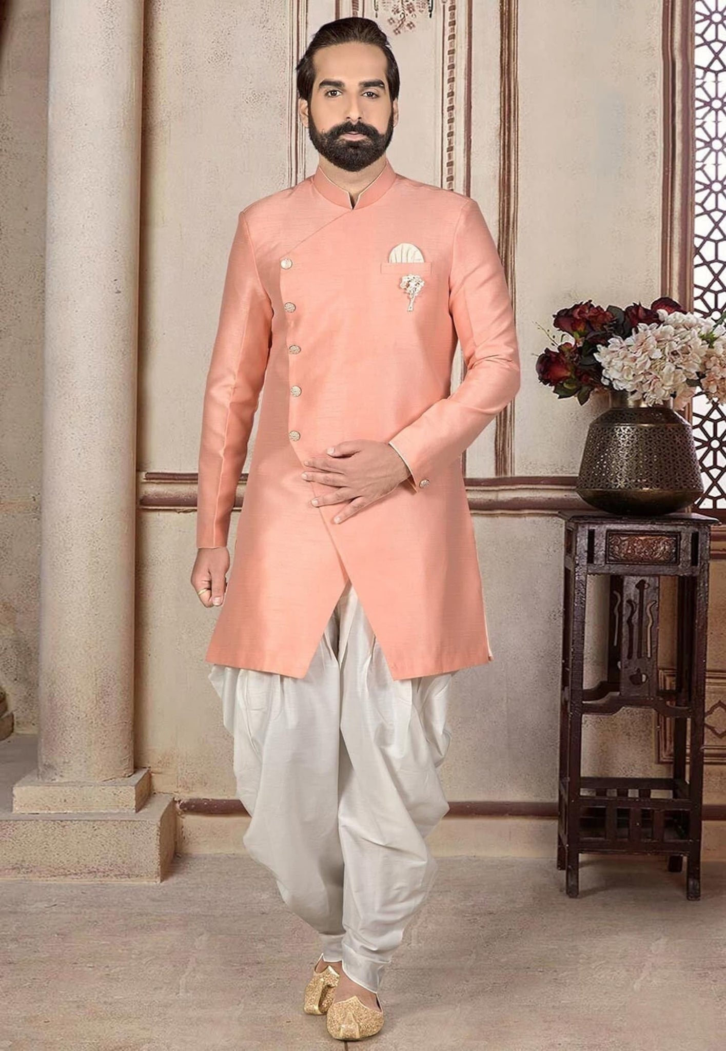 Sherewaniformen Indian solid Designer Peach Color Banarasi Partywear Traditional Sherwani Outfit For Groom.