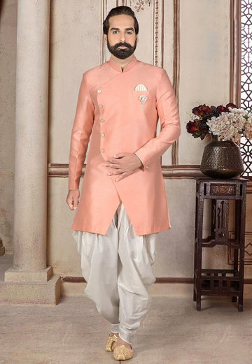 Sherewaniformen Indian solid Designer Peach Color Banarasi Partywear Traditional Sherwani Outfit For Groom.