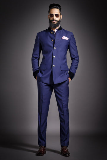 Madhu Couture Designer Blue Coat Bandhgala Jodhpuri Self Design Work Party Wear Wedding Suit for Men.