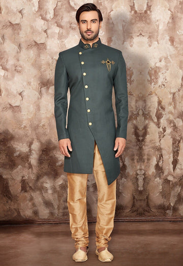 Madhu Couture Indian Ethnic Designer Partywear Bottle Green Embroidered Sherwani for Men.