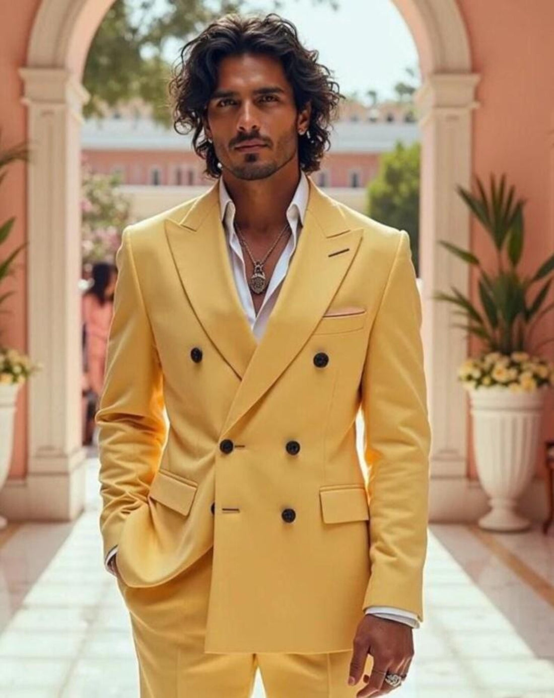 Double-breasted Yellow Suit for Wedding Men's Slim Fit Coat Pant for Groomsman Gifts & Dinner Party Wear Prom Beach Wear Suit