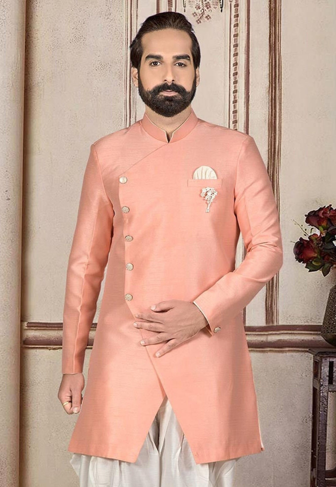Sherewaniformen Indian solid Designer Peach Color Banarasi Partywear Traditional Sherwani Outfit For Groom.