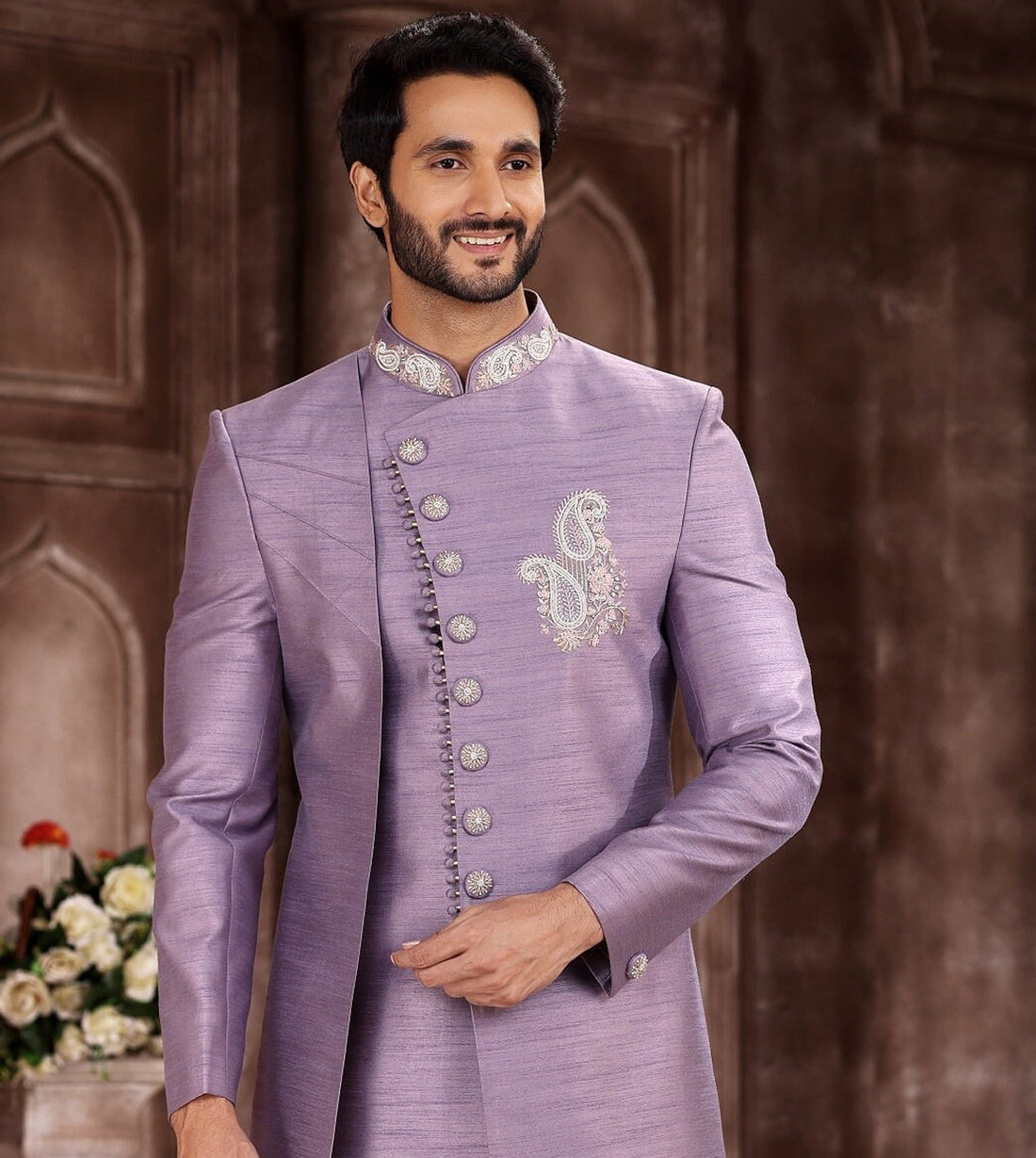 Sherwaniforme Purple Groom Indian Stylish Ethnic Designer Partywear Embroidery Indo Western Dress Sherwani For Men