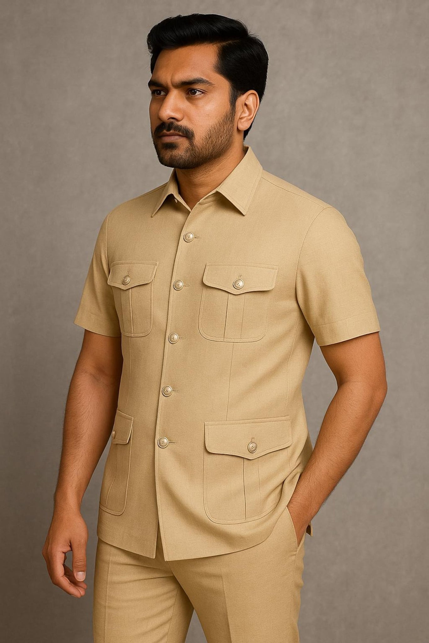 Beige Half Sleeve Safari Suit for Men