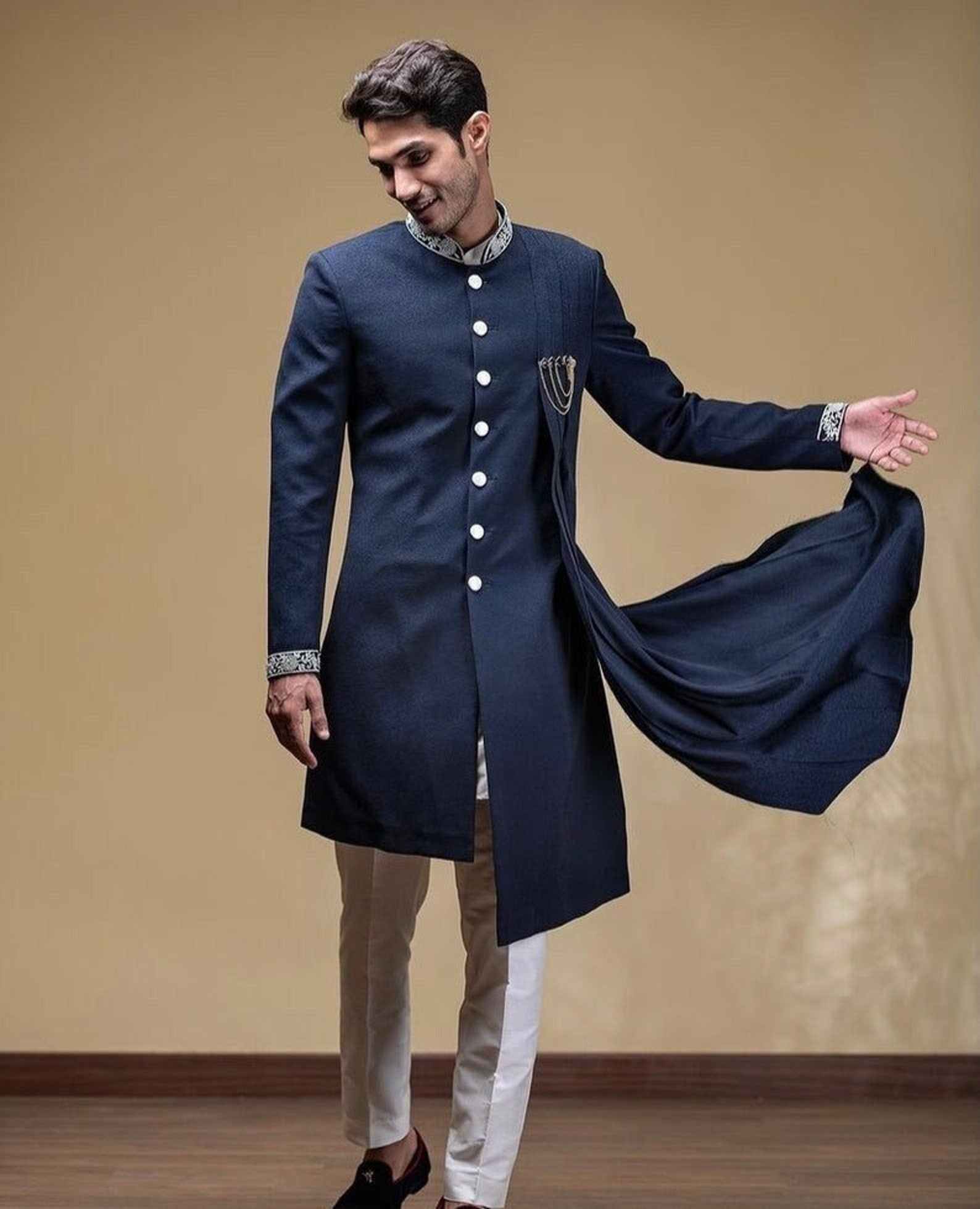 Madhu Couture Indian Designer Ethnic Wear Ceremony Groom Outfit Traditional Navy Blue Bandhgala Embroidery Dress For Men.
