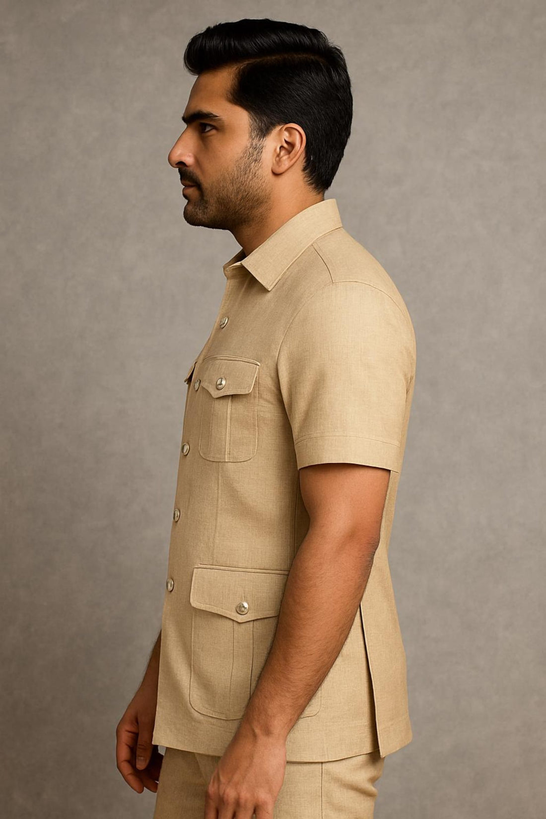 Beige Half Sleeve Safari Suit for Men