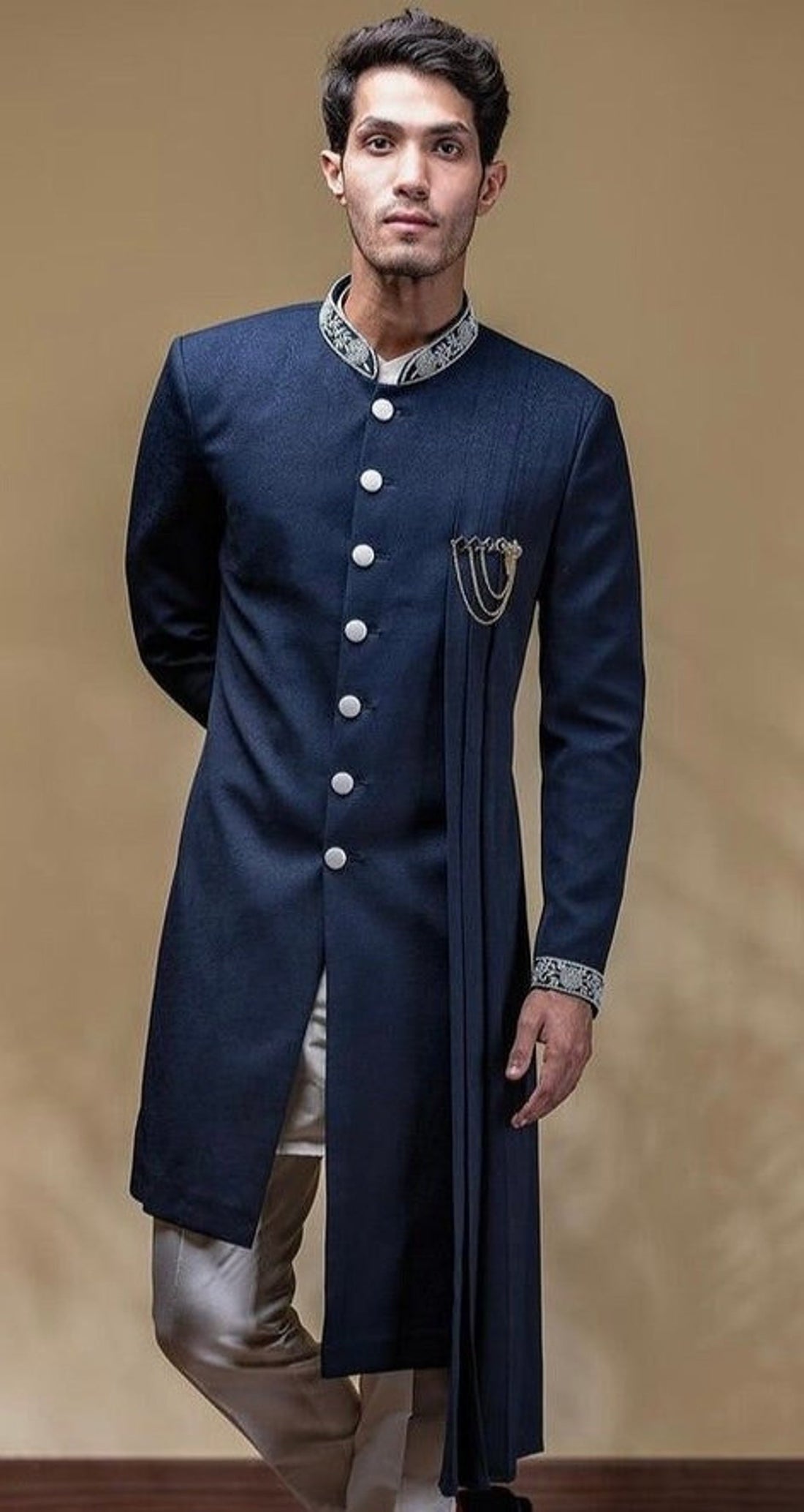 Madhu Couture Indian Designer Ethnic Wear Ceremony Groom Outfit Traditional Navy Blue Bandhgala Embroidery Dress For Men.