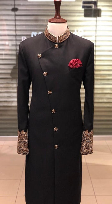 Sherewaniformen Indian solid Designer Peach Color Banarasi Partywear Traditional Sherwani Outfit For Groom.